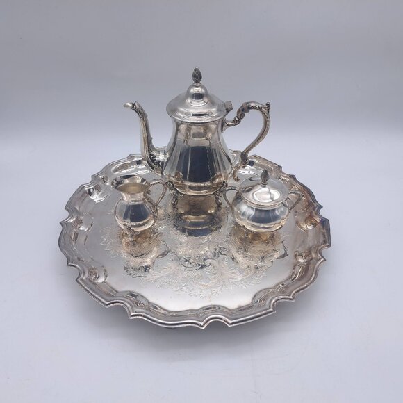 King's Plate Silver Plated Tea Set: Teapot, Creamer, Sugar Bowl & Platter - Picture 3 of 11